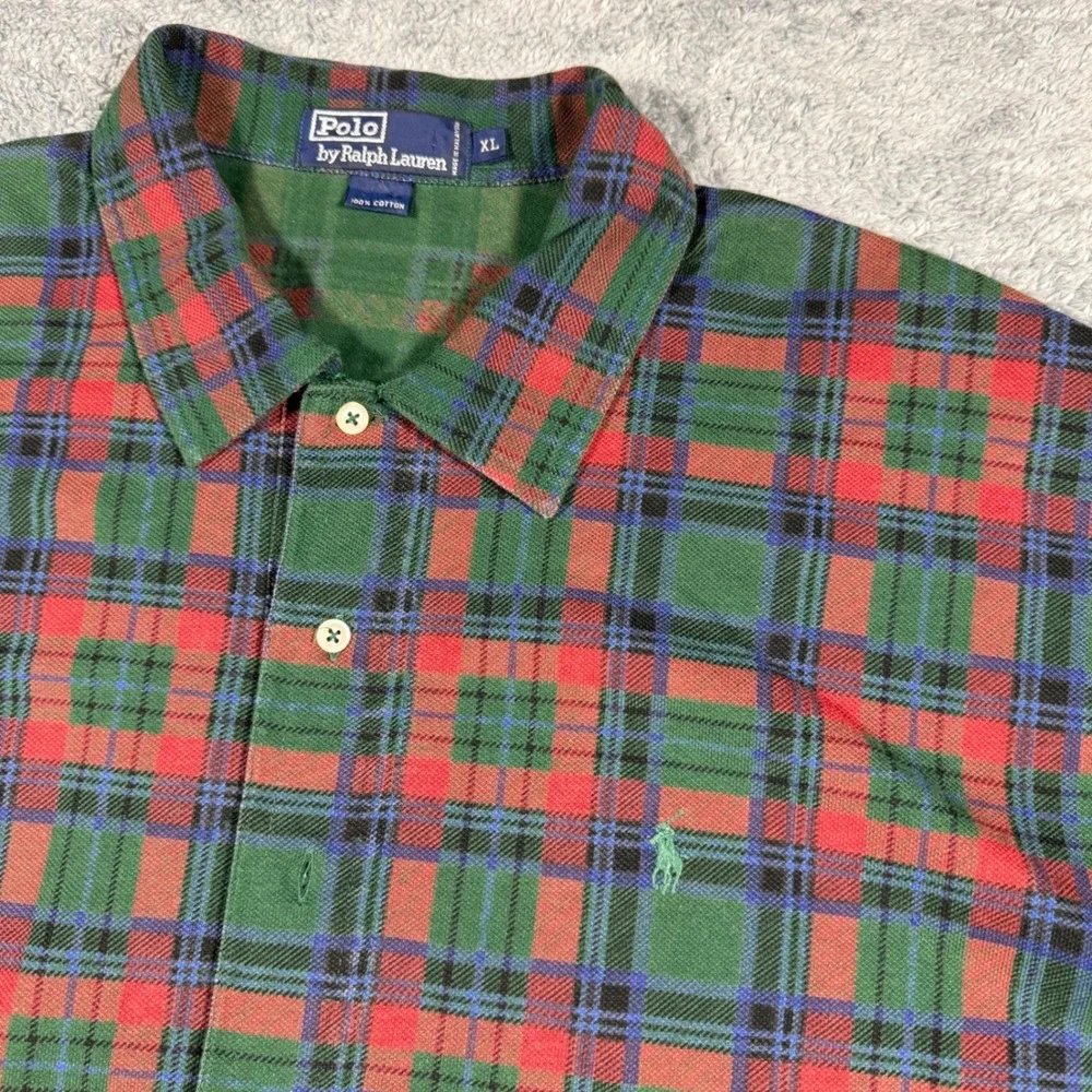 Vintage 90s Polo Ralph Lauren Plaid 1/2 Button Polo Shirt‎ Red Green Size XL